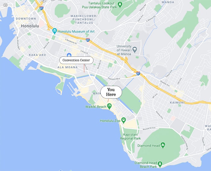 Google Map of Honolulu showing the location of Waikiki Business & Shopping Plazas in relation to the Honolulu Convention Center