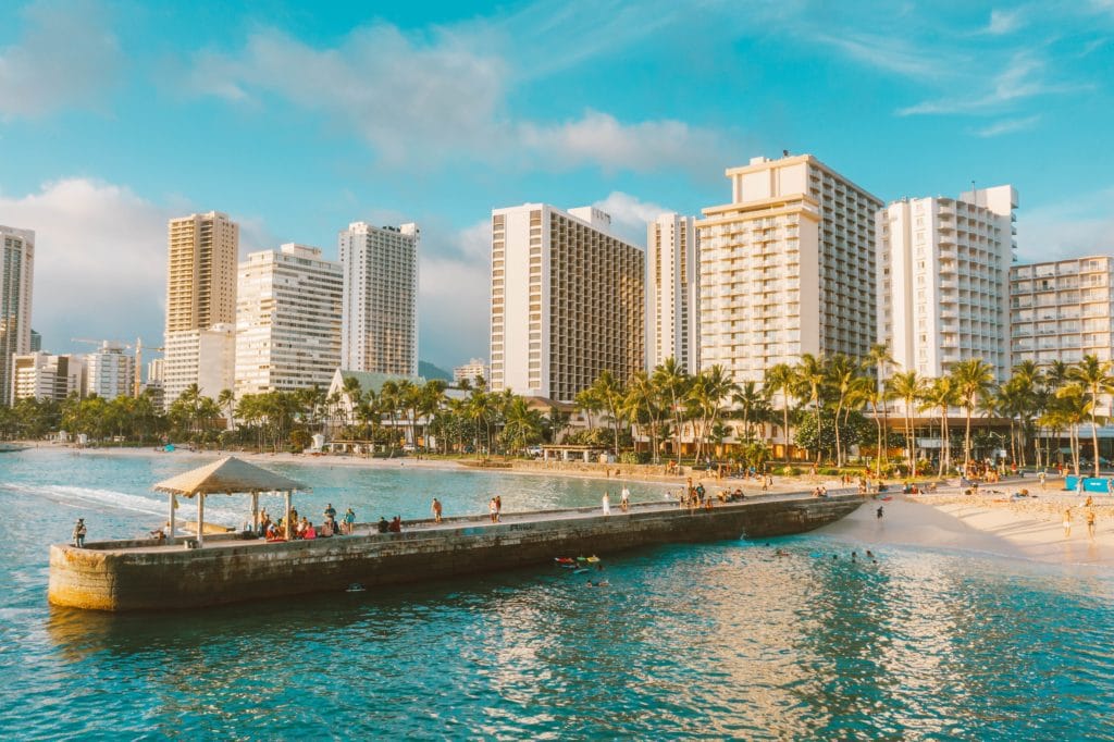 Landscape of Waikiki from the water of Waikiki Beach